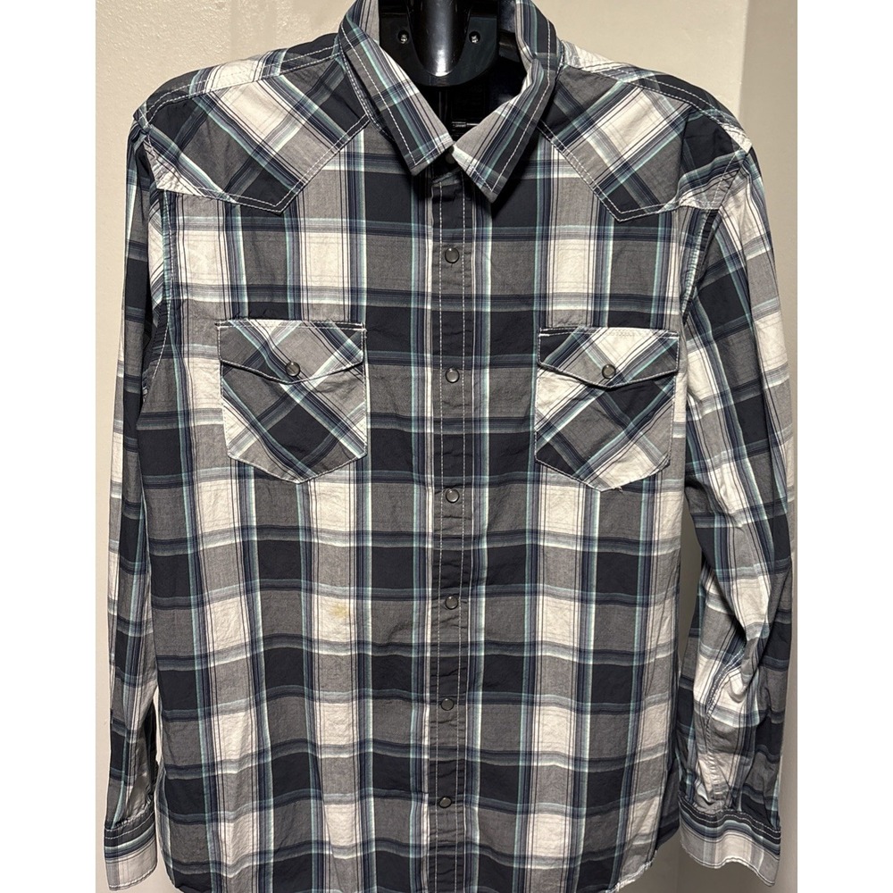 American Rag pearl snap shirt xl Plaid‎ Blue Gray Green Long sleeve  cotton